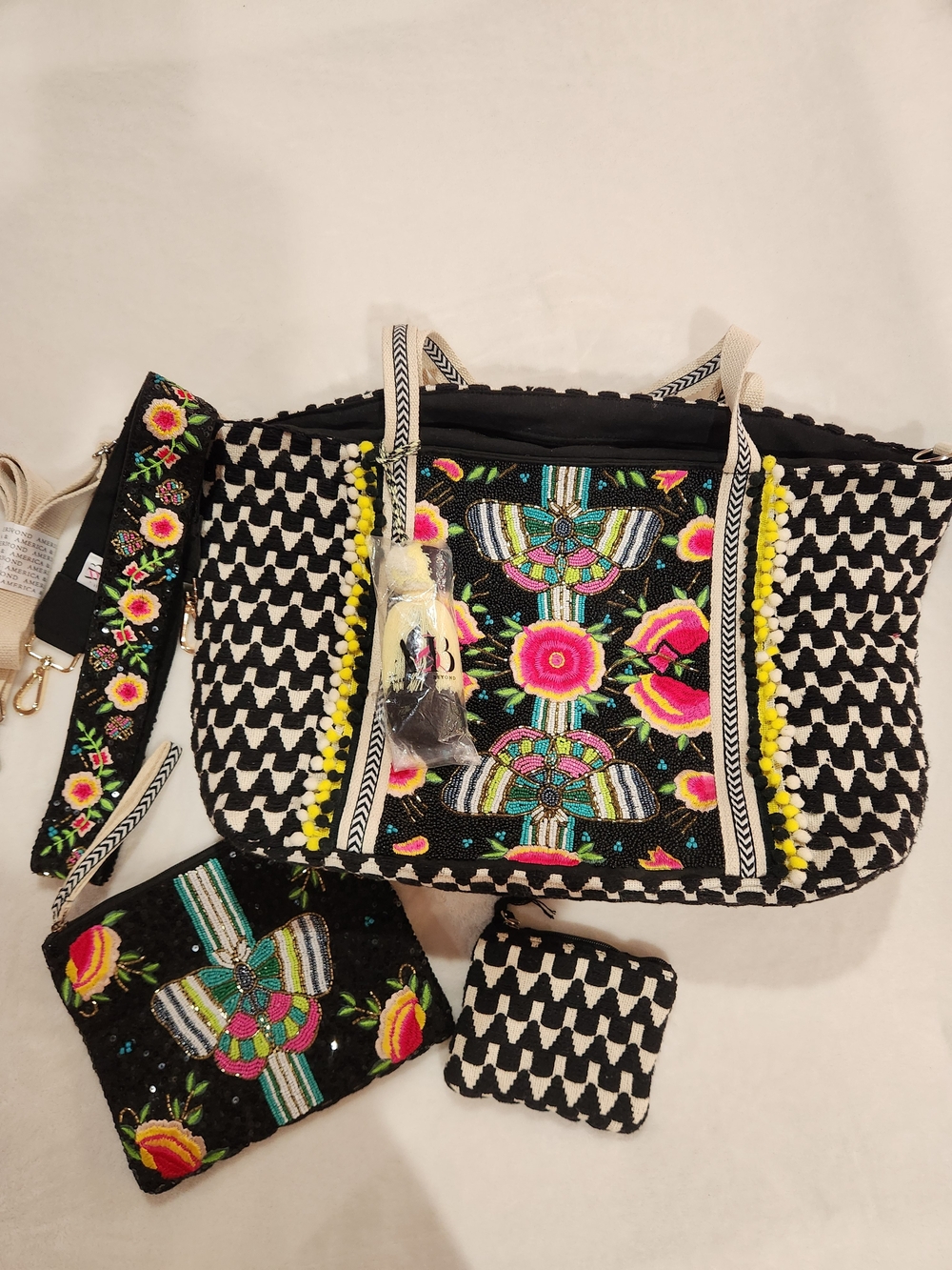 America & Beyound Embroidered/Embellished Floral Set: Tote, Pouch & Coin Purse